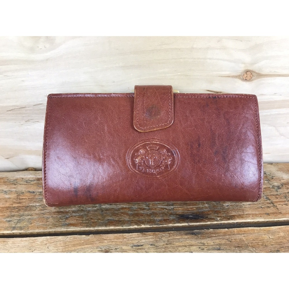 Vtg MCM Unique Brown Leather Wallet Clutch Peridot No. 007 Kiss Lock - Picture 2 of 11